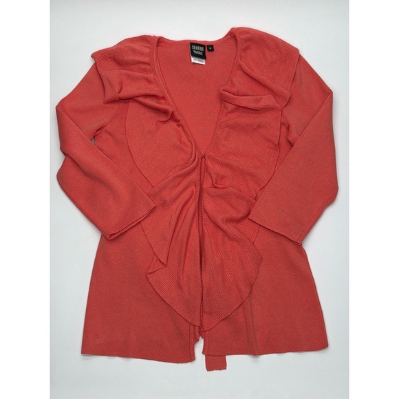 Sharon Young Sweaters - Sharon Young Womens Coral Silk Ruffle Front Ribbed 3/4 Sleeve Cardigan Small NWT